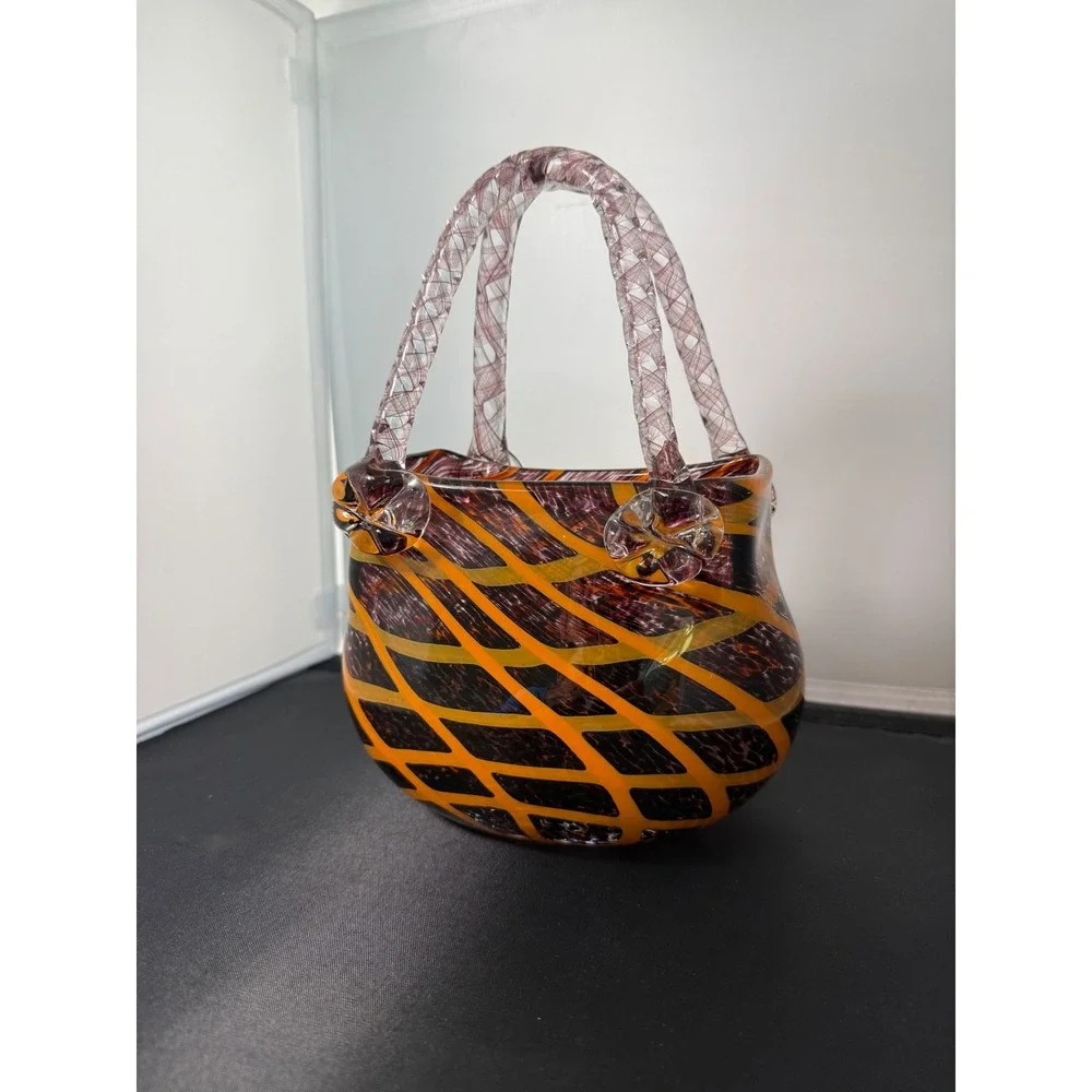 Fifth‎ Avenue Crystal Glass vase Purse Orange Black Swirl Twisted Handles